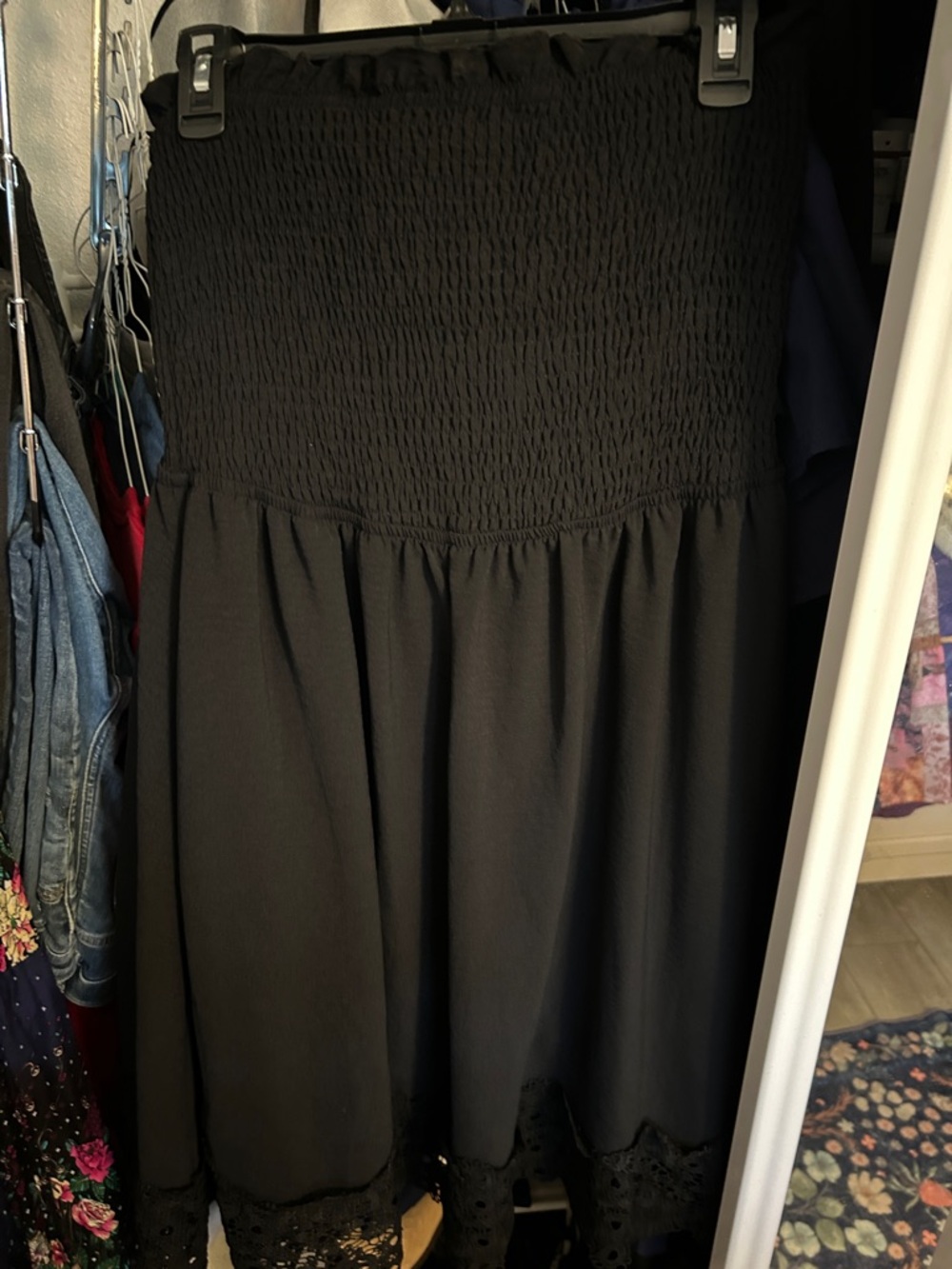 Black Smocked Waist Midi Skirt with Lace Hem